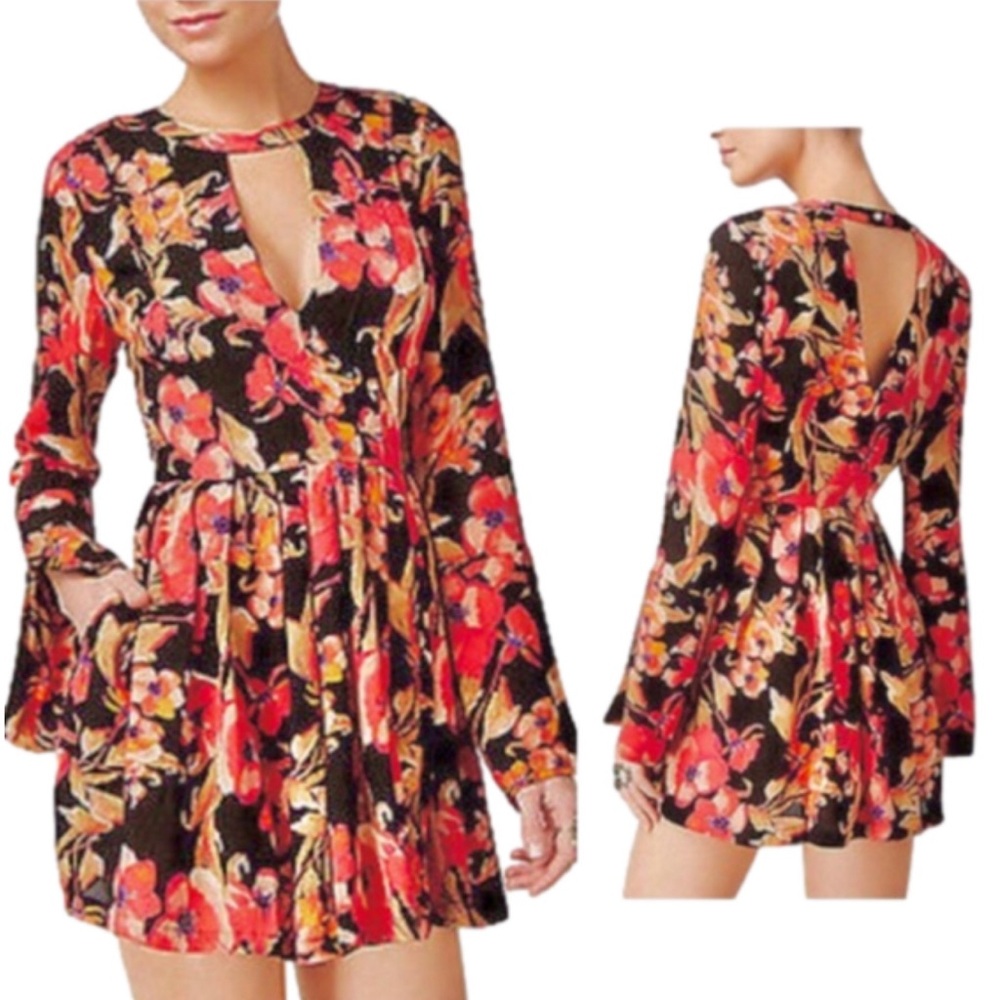 Free People Pink Red Floral on Black Long Bell Sleeve Mini Dress